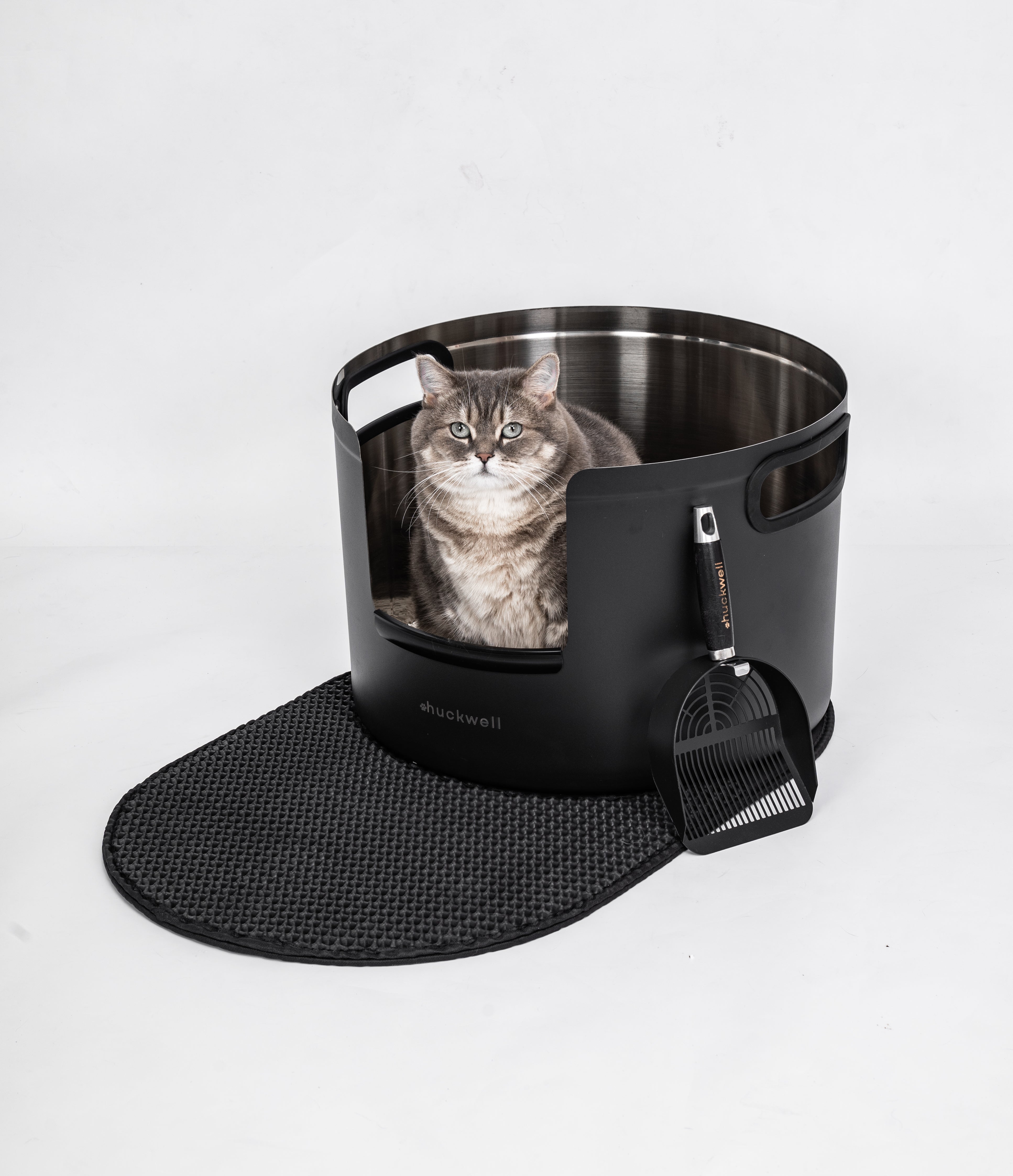 Halo Onyx stainless steel cat litter box with bamboo lid on white background